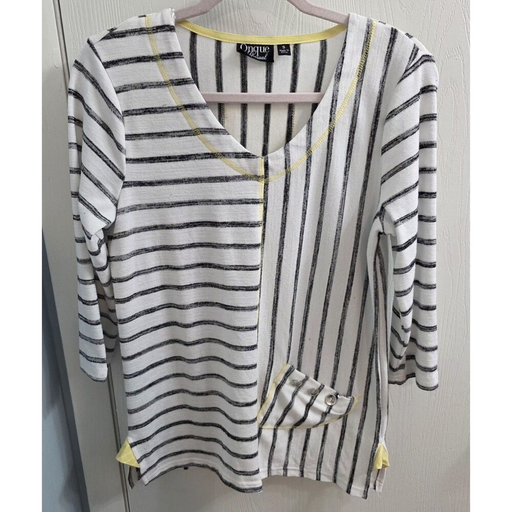 Onque Casual Women's S Black White Stripe Sweater Hem Tunic Top Pockets